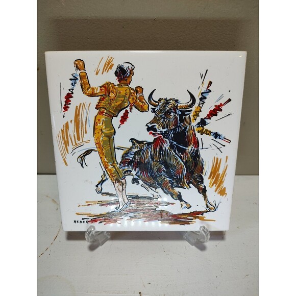 Vintage Tile CERAMIC BULLFIGHTER  MADE IN SPAIN 6" X 6" Tile Matador And Bull - Picture 3 of 8